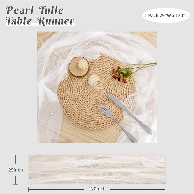 Pearl Table Runner 29 x 120 Inch Tulle Fabric Lace Table Runners for Bridal Shower Birthday Party Wedding Arch Dessert Table Decor(1 Pack, White)