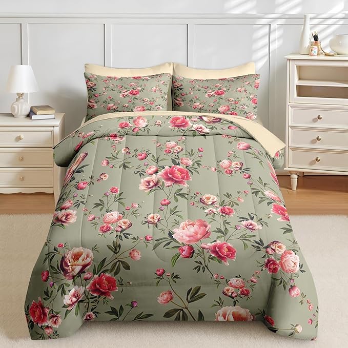 Nesker 5 Pcs Comforter Set Twin Size, Vintage Floral Beige Bedding Set for Kids and Adults, Rose Flower Pink Bed Sheet Sets with Fitted Sheet Pillowcases & Shams