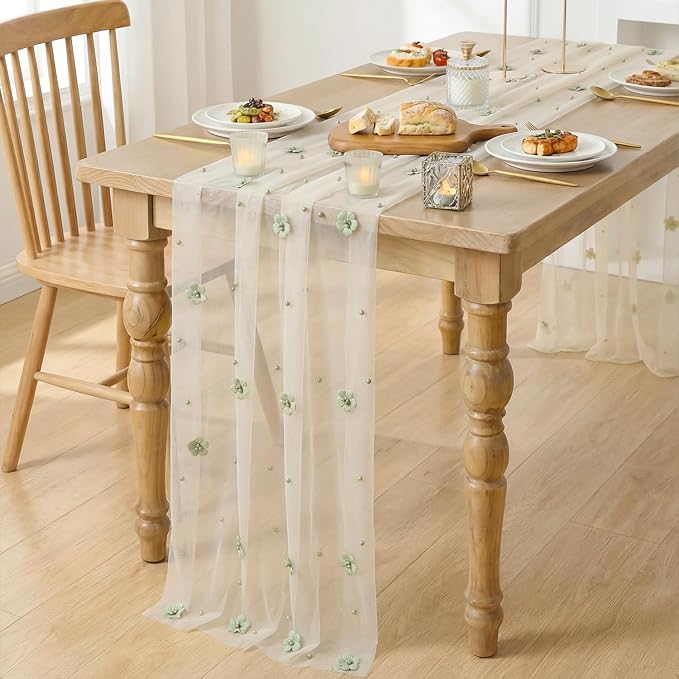 Artoid Mode Sage Green Flower Pearl White Gauze Table Runner 10FT, Seasonal Sheer Dining Holiday Wedding Birthday Baby Shower Table Decor for Home Party