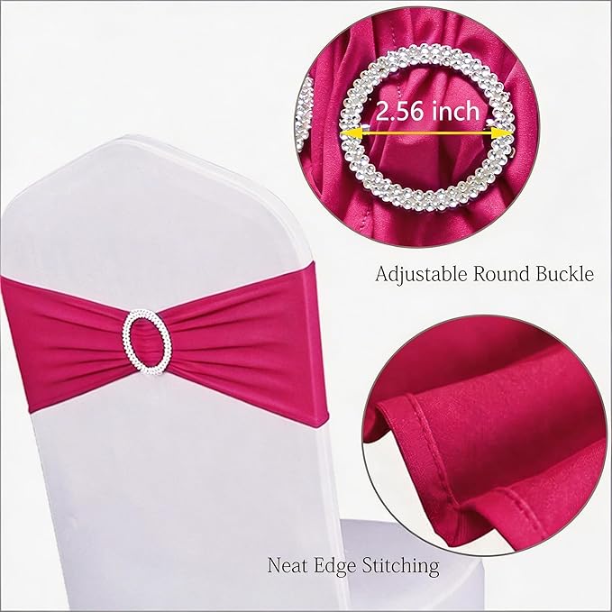 Pack of 100 Wedding Hot Pink Chair Sashes Spandex Fuchsia Chair Sash Bands with Silver Buckle, Elastic Chair Bows for Weddings Party Birthday Baby Shower Events Decorations