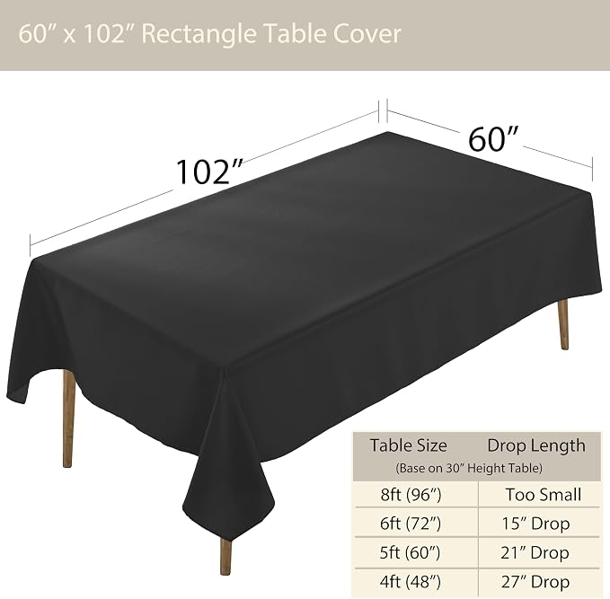 5 Pack Rectangle Tablecloth, 60 x 102 Inch Black Table Cloth, Polyester Fabric Washable Table Cloth for Home, Party, Wedding or Restaurant Use
