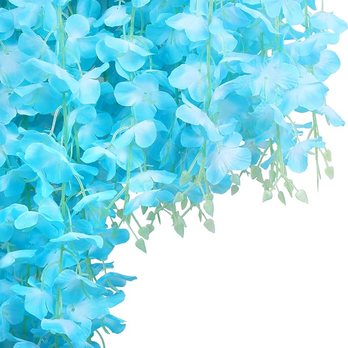 Pauwer Wisteria Hanging Flowers 12 Pack Fake Flower Garland Artificial Wisteria Vines Rattan Silk Flower String Wedding Party Wall Decorations,Blue