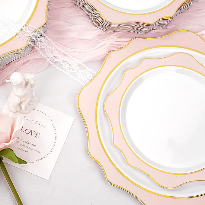realluck 100 PCS White and Pink Disposable Plates for 50 Guests, Scalloped Plastic Plates Include 50 Dinner Plates and 50 Dessert Plates for Party, Wedding and Graduation