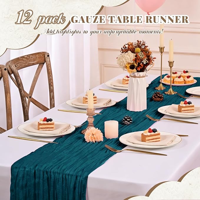 Pesonlook 24 Pack Cheesecloth Table Runner,Teal Table Runner Long Romantic Semi Sheer Rustic Boho Gauze Table Runners for Wedding Bridal Shower Birthday Party Decorations(17.7×108 Inch)