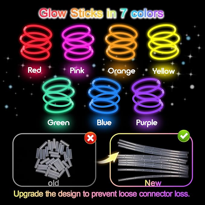 JICUICUI Glow Sticks Bulk Party Pack- Ultra Bright 800pk Glow in the Dark Party Supplies, Neon Party Favors, Glow Sticks Party Supplies Glow Necklaces and Glow Bracelets with Connectors