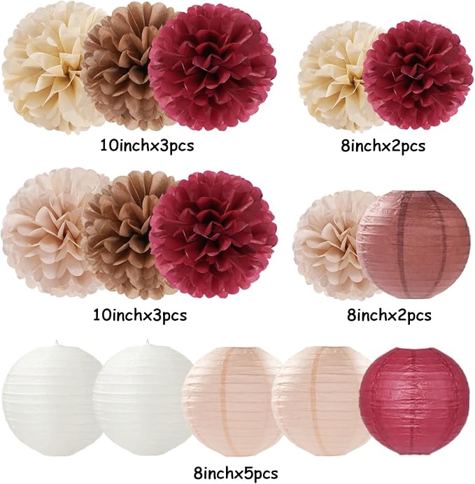 Burgundy-Brown Champagne Party-Decorations Paper-Flowers Lanterns - 15PCS Fall Boho Tissue Pom Poms Streamers,Autumn Rustic Baby Shower Neutral Wedding Birthday Decor Hugfond