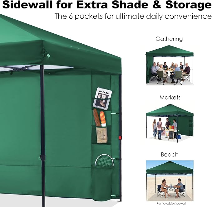 GAFETE 10×10 Pop Up Canopy Tent with 1 Pockets Sidewall, Easy up Sun Shade with One Push Setup, Portable Instant Outdoor Canopy Tent for Events Parties Camping with Carrying Bag (Green, 10x10 FT)