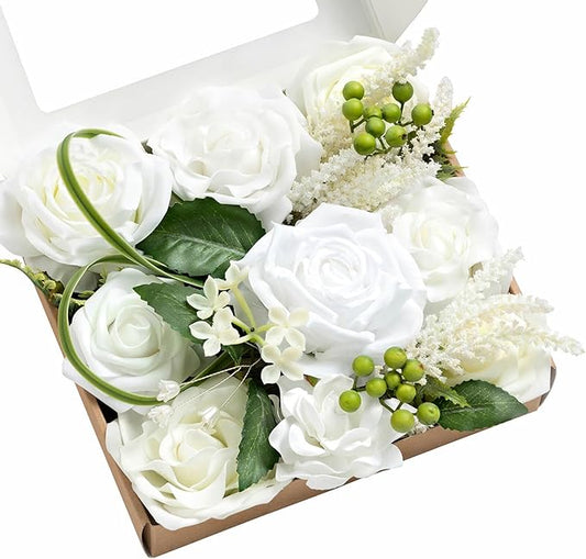 Ling's moment Fake Flowers Box, Artificial Faux Greenery Stems Silk Roses Foam Berries for Wedding Bouquets Centerpieces Decorations Backyard Floral Arrangement, White & Olive Green, Mini Combo