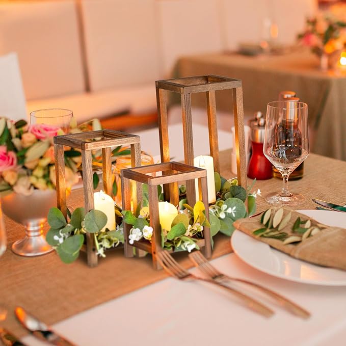 Geelin 12 Set Wooden Wedding Lantern Centerpiece Decor Baptism Lantern Candle Holder for Table Centerpiece Wedding Party Baby Shower Home Country Porch Patio Decor(7.87'', 10.59'', 12.99'',Wood Color)