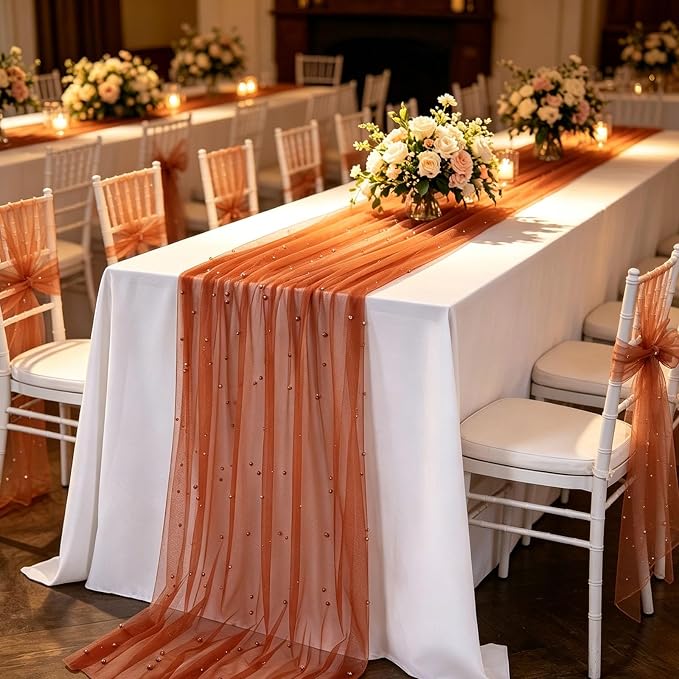 Pearl Gauze Table Runner Tulle Fabric: 10ft Seasonal Dessert Chiffon Pearl Lace Boho Overlay Wedding Veil Outdoor Wedding Aisle Runner Party Decorations Doilies, Terrcotta