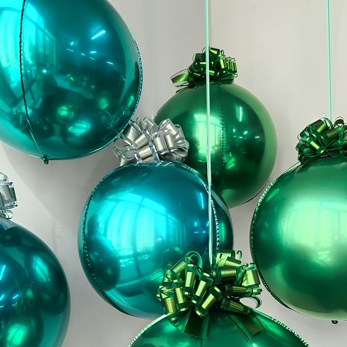 6 Pack Teal Blue & Grass Green 4D Metallic Orb Ornament Balloons with 12 Pull Gift Ribbon Bows – Ceiling Hanging Balloon Set for Jungle Party, Safari Birthday, Summer Party & Tropical Decorations
