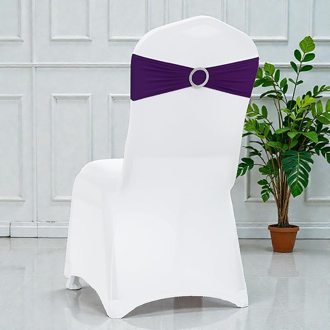 VDS - Purple | Spandex Chair Sashes Bows | 125 PCS | Stretch Elastic Banquet Universal Folding Chair Band Tie with Silver Buckle Slider for Wedding Party Conference Celebration Event Decoration