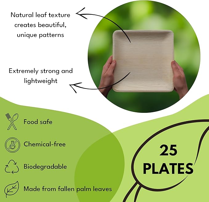 Palm Leaf Plates 10 Inch & 7 Inch Square Bamboo Plates [50-Pack] - Biodegradable and Compostable for Appetizer and Dinner - Disposable Wood Dinnerware Set - Party Pack