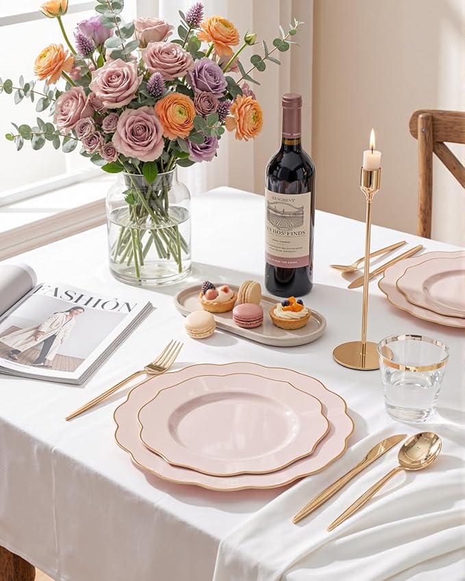 bUCLA 180PCS Pink Plastic Plates - Pink with Gold Rim Disposable for Party Include 30 Each (Dinner & Dessert) Plates, 30 Knives, 30 Forks, 30 Spoons, 30 Cups for Wedding, Birthday & Mother's Day