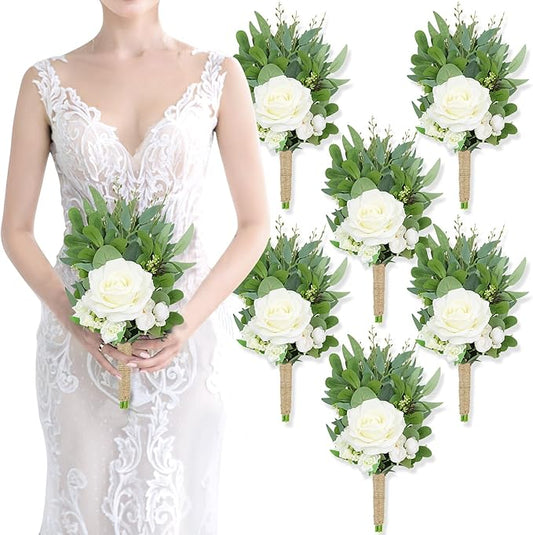 Bridesmaid Bouquets Set of 6 - Ivory Rose Artificial Bridesmaid Bouquet Wedding, Small Floral Greenery Bouquet for Ceremony & Anniversary Marriage Proposal Centerpiece Decorations- 8 Inch