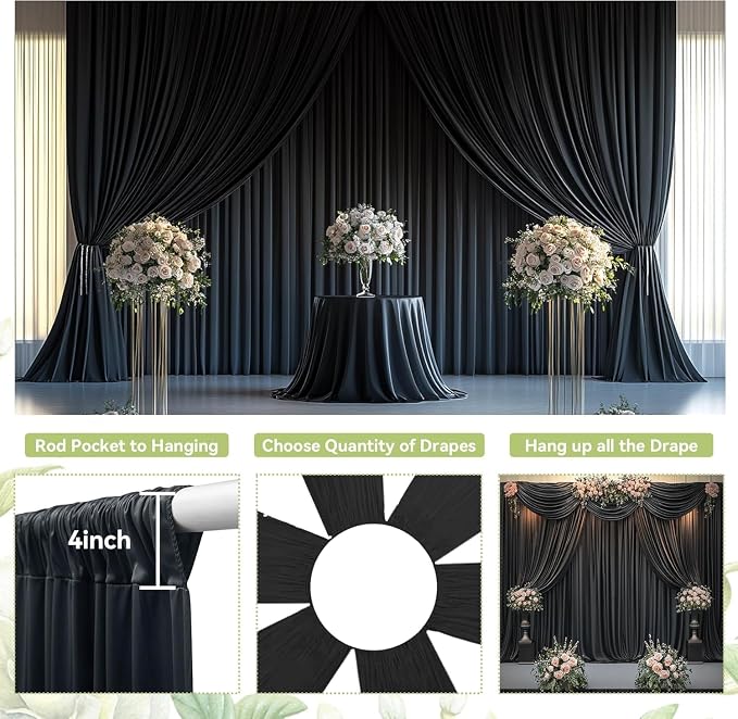 50ft×12ft Black Backdrop Curtain for Wedding Parties, 10 Panels Wrinkle Free Polyester Photo Backdrop Drapes Back Drop Cloth for Birthday Photography Background