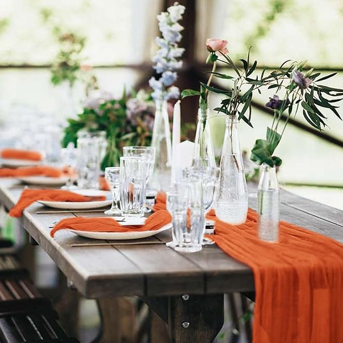 20 Pack Cheesecloth Table Runner 17 x 108 inch Long Boho Gauze Table Runners Semi Sheer Table Runner for Wedding Decor, Baby Shower, Birthday Party, Banquet (Orange)