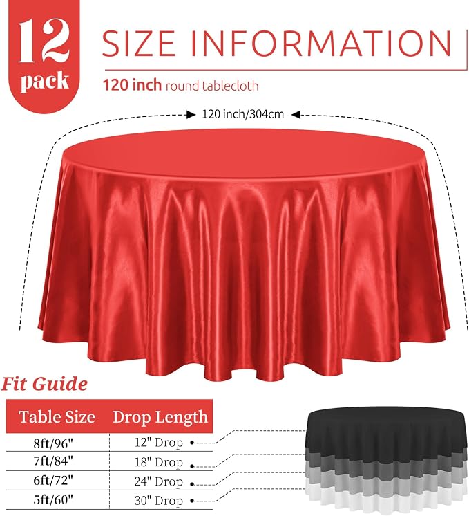 12 Pack 120 Inch Round Tablecloth, Red Satin Fabric Table Cloth for Round Tables, Wrinkle Resistant Washable TableCover Bright Silk Table Clothes for Wedding Party Dining Tables Banquet