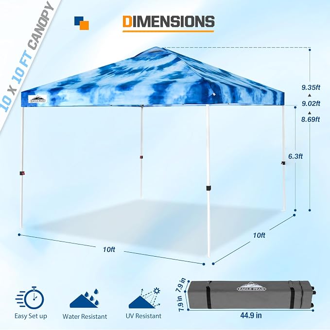 EAGLE PEAK Pop Up Canopy Tent with Wheeled Carry Bag, 8 Stakes, 4 Ropes, 4 Weight Bags, Easy Set Up Tent Canopy, 10x10 ft, 100sqft of Shade, Tie Dye Blue