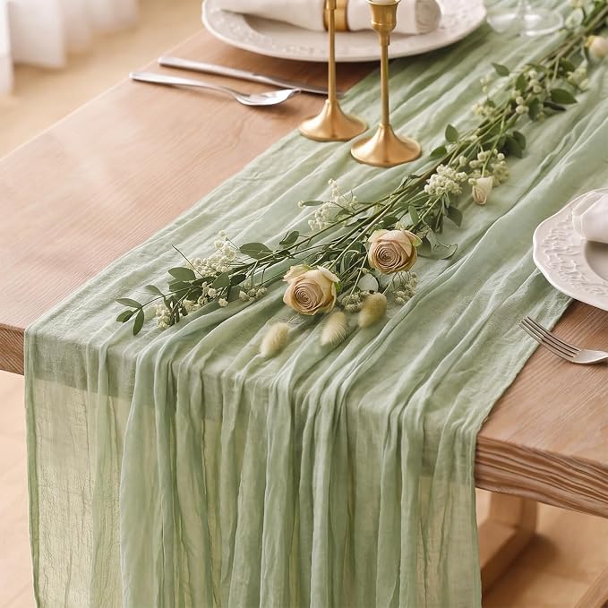 12 Pack Sage Green Cheesecloth Table Runner 120 Inch 10FT Cheese Cloth Runners for Baby Shower, Boho Decor, Wedding Decoration, Jungle Theme Party