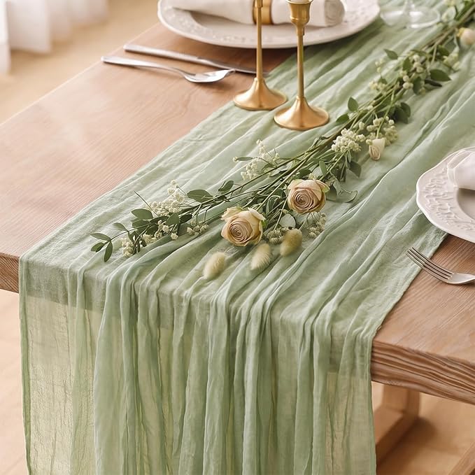 10 Pack Sage Green Cheesecloth Table Runner 120 Inch 10FT Cheese Cloth Fabric Runners for Baby Shower, Boho Decor, Wedding Decoration, Jungle Theme Party