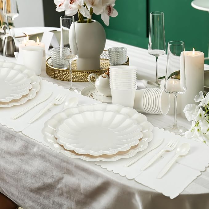 Newtay 350 Pcs Ivory Scalloped Paper Plates and Napkins Party Supplies for 50 Guests Cream White Disposable Plastic Tableware Cups Spoons Forks Knives for Wedding Baby Shower Picnic Birthday Party
