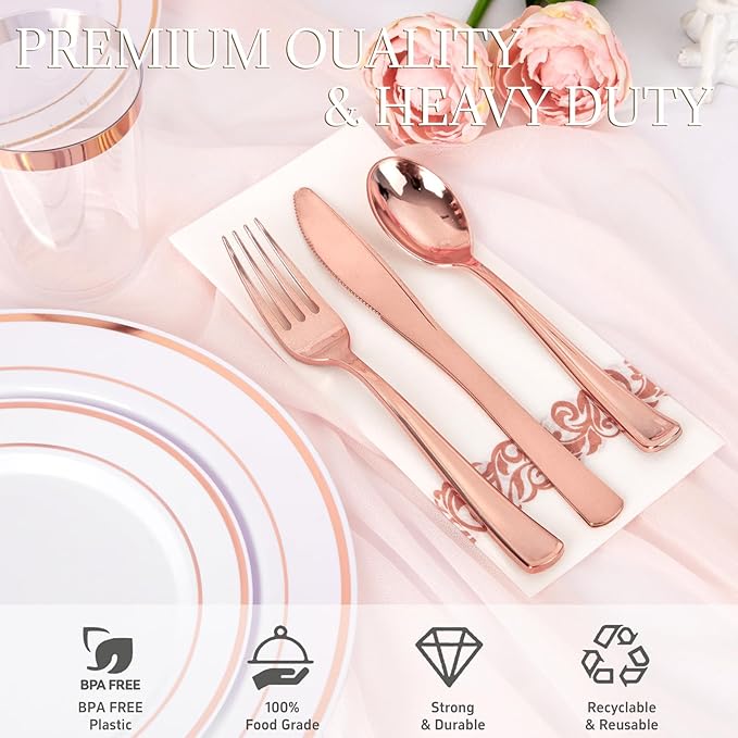 Supernal 400pcs Rose Gold Plastic Plates Disaposable Heavy Duty included Disposable Utensils& Plastic Party Plates Disaposable Party Cups and Napkins Sets for Valentine's Day Mother's Day and Easter