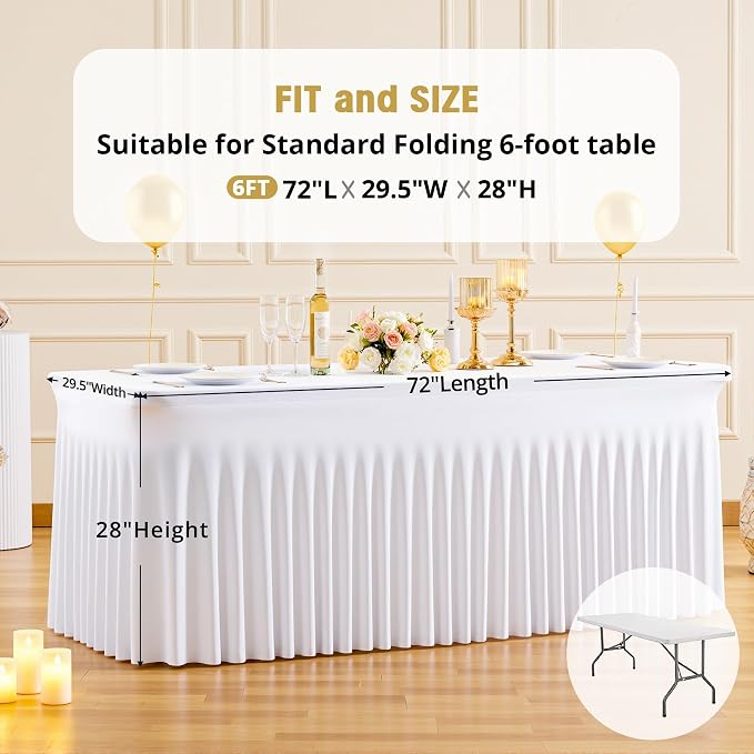 2 Pack 6ft White Spandex Tablecloths for Rectangle Tables Wrinkle Free White Rectangle Table Cloth, Stretch Fitted Table Cover with Skirt for Wedding Birthday Party Banquet Baby Shower Buffet Event