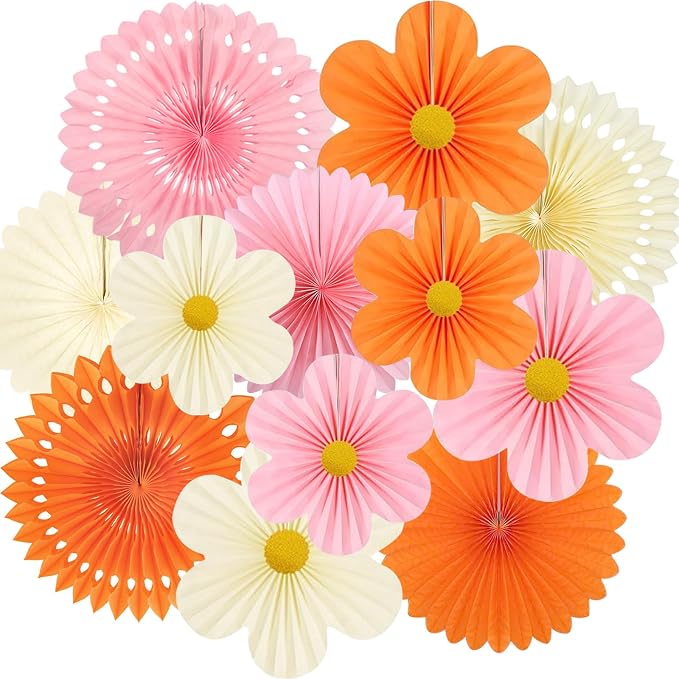 Orange Pink Cream Party Decorations, 12PCS Paper Fans Flowers Wall Backdrop for Little Cutie 1st Birthday, Boho Sunset Baby Shower, Groovy Daisy Wedding & Nursery Decor