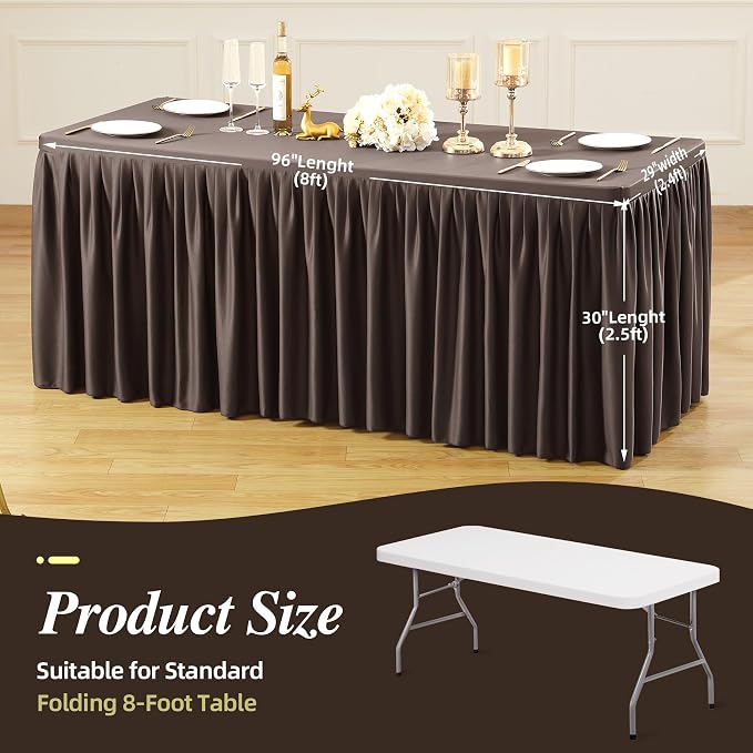 PARTISKY 6 Pack Chocolate Tablecloths for Rectangle Tables 8ft, Wrinkle Resistant Spandex Table Cover Fitted Stretch Table Cloth with Pleated Ruffle Skirts for Party Banquet Dining Birthday Wedding
