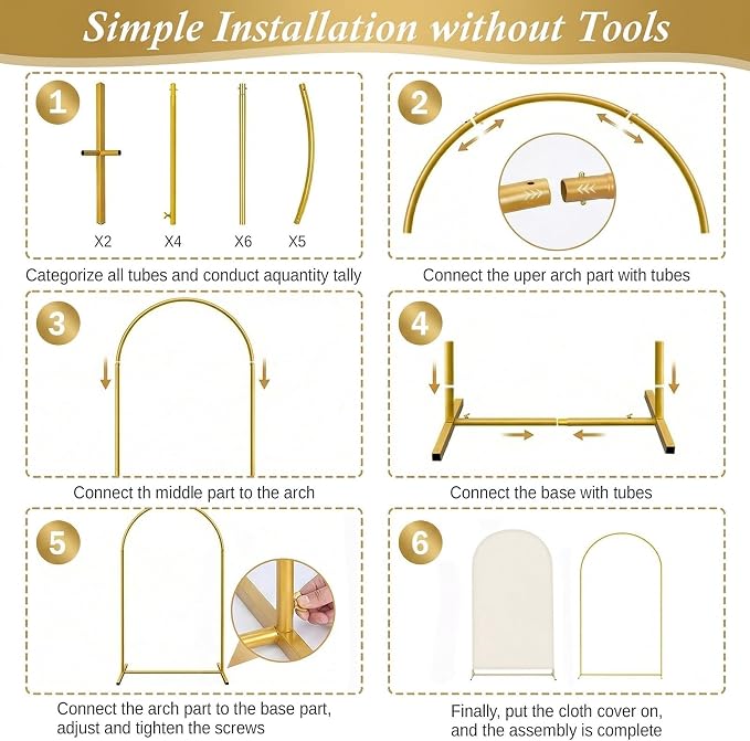 Arttown 7.2FT Gold Metal Arch Backdrop Stand and Beige Arch Cover Set Suitable for Wedding Celebrations Birthday Parties Baby Showers Graduation Ceremonies Event Decoration