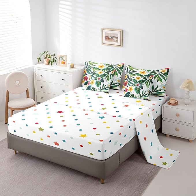 jejeloiu Palm Leaf Comforter Set with Sheets Twin Size 7 Pieces Kids Tropical Leaves Pattern Bedding Set for Boys Girls Summer Tree Branches Nature Theme Flowers Bed in a Bag Room Decor