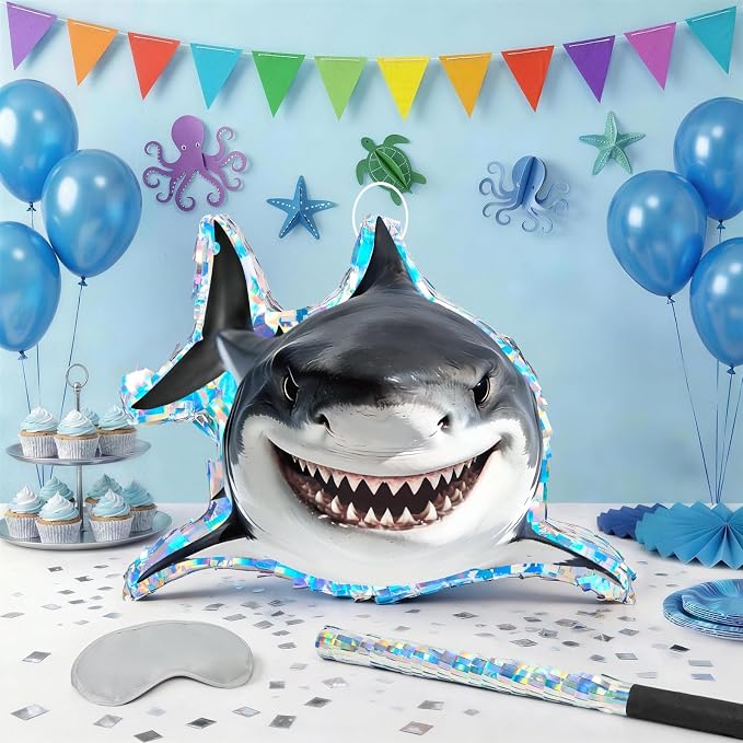 WERNNSAI Shark Piñata - Under the Sea Party Decorations Great White Shark Piñata with Blindfold and Stick for Men Boys Ocean Birthday Decorations Celebration Carnival Supplies