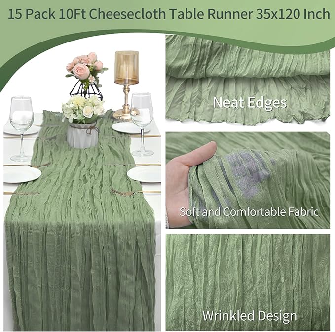 15 Pack Cheesecloth Table Runner 10Ft Romantic Cheese Cloth Table Runner 35 x120Inch Gauze Boho Table Runners for Wedding Birthday Party Bridal Baby Shower Engagement Home Fall Table Decor(Sage Green)