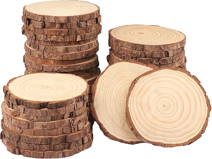 40 PCS 4.7-5.5 Inch Natural Wood Slices, Unfinished Pine Wood Circles with Barks for Coasters, DIY Crafts, Christmas Rustic Wedding Ornaments and Centerpieces,by GNIEMCKIN.