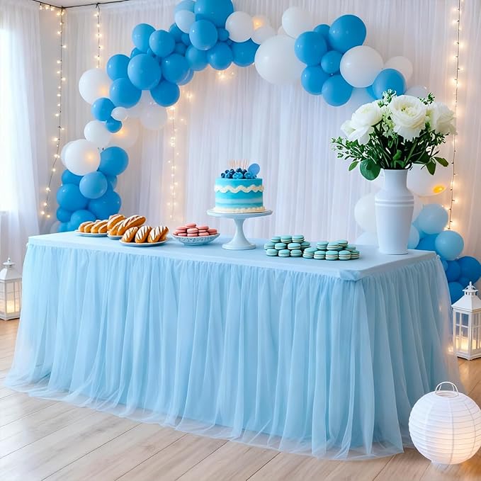 1-Pack Blue 2-in-1 Tulle Tablecloth for 8-Foot Rectangular Table – Stretch Fitted Table Skirt & Cover for Baby Shower, Bridal, Birthday, Princess Party