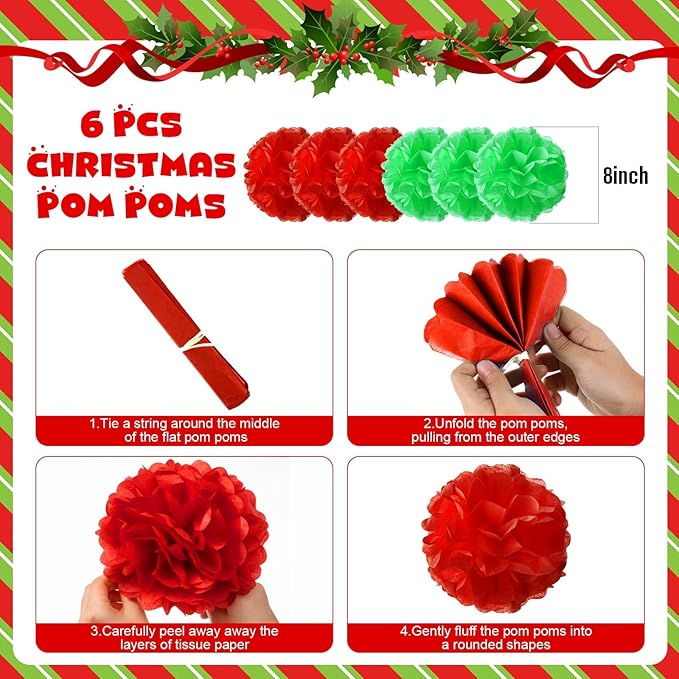 Outus 21 Pcs Christmas Hanging Paper Decorations Candy Peppermint Fans Red and Green Tissue Pom Poms Colorful Paper Lanterns for Christmas Holiday Party Supplies Classroom Ceiling Wall Decor