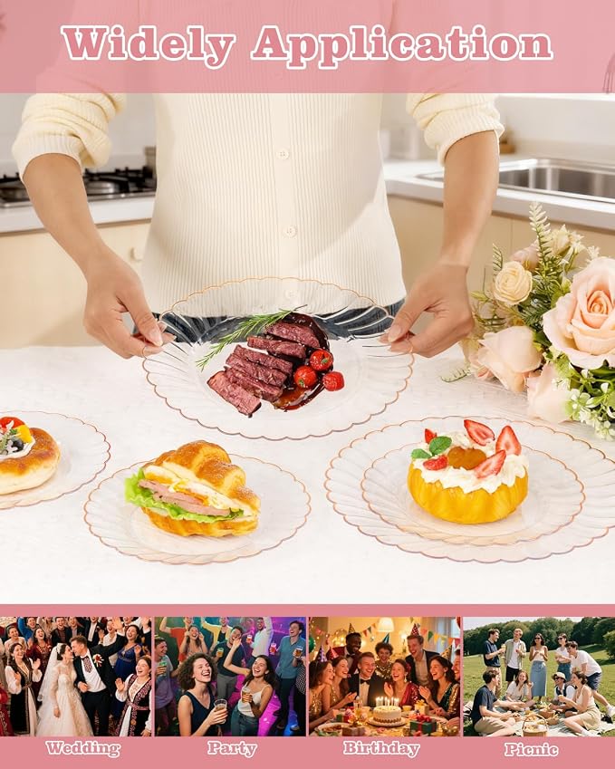 YOUBET 100PCS Rose Gold Plastic Plates - Heavy Duty Scalloped Disposable Plates Include 50 Dinner Plate, 50 Dessert Plate for Wedding & Baby Shower & Party