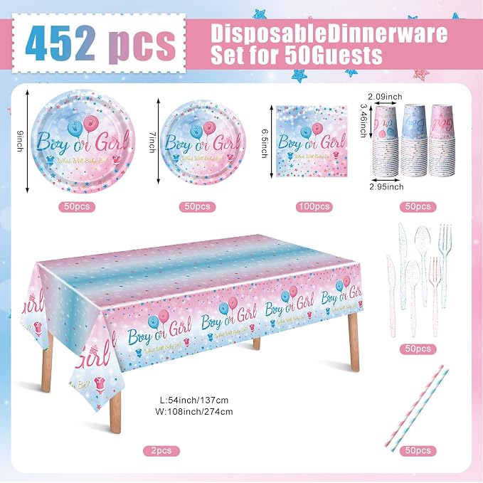 Funnymoom 452 Pcs Gender Reveal Party Supplies for 50 Guests, Pink and Blue Gender Reveal Paper Plates Napkins Cups Tablecloth Cutlery Straws Disposable Tableware for Baby Shower Party Decoration