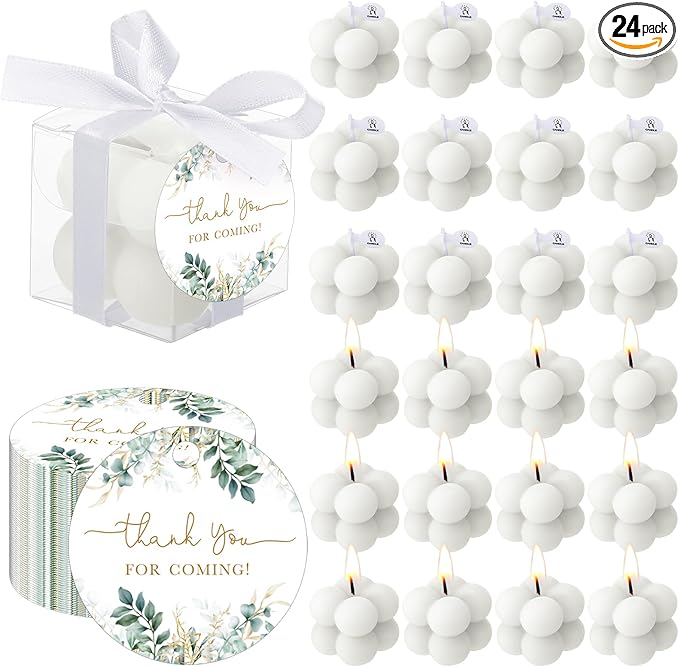 MTLEE 24 Sets Greenery Wedding Favors Party Candle Small Bubble Candle Favors for Guests Tea Candles Bulk with Stylish Ribbons Cards Gifts for Bridal Shower(White, Leaves)