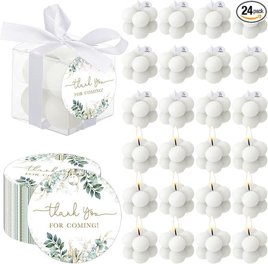 MTLEE 24 Sets Greenery Wedding Favors Party Candle Small Bubble Candle Favors for Guests Tea Candles Bulk with Stylish Ribbons Cards Gifts for Bridal Shower(White, Leaves)