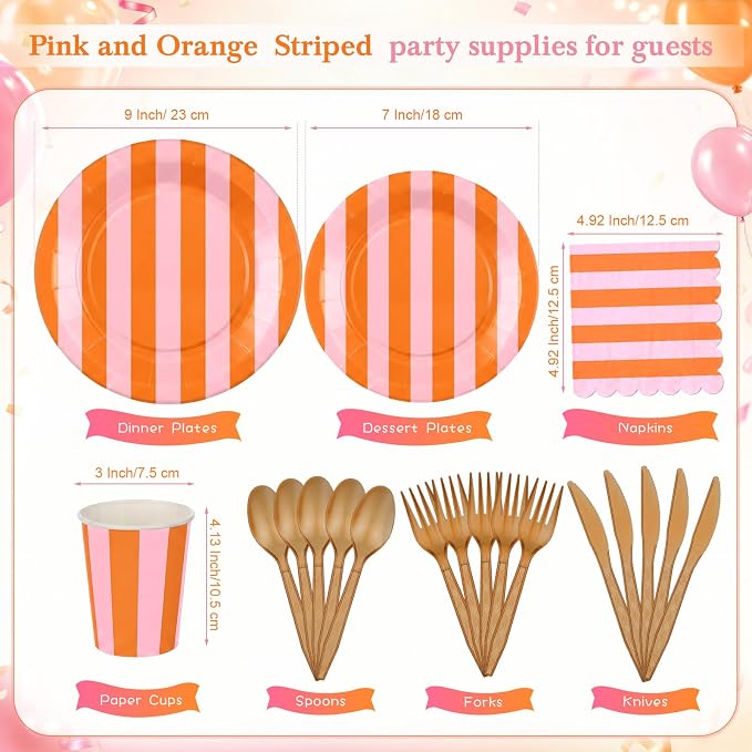 Mimorou 350 Pcs Orange and Pink Striped Paper Plates and Napkins for 50 Guests, Orange Disposable Tableware Plates Cup Napkins Spoon Fork Knife for Sunset Wedding Baby Shower Birthday Party Supplies