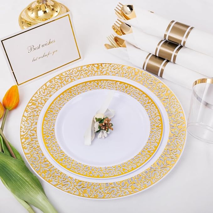 WELLIFE 50 Guests Dinnerware Sets, Gold Plastic Plates，Platos Para Fiestas Elegantes Desechables Include:50 Dinner Plates, 50 Dessert Plate, 150 Pcs Gold Plastic Silverware, 50 Cups for Party