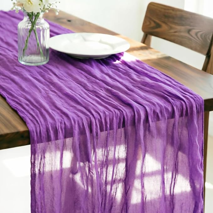 LINXTAR Purple Cheesecloth Table Runner 120 Inches 10Ft Gauze Summer Boho Table Runner for Wedding Tea Party Baby Shower Bridal Birthday Home Decoration