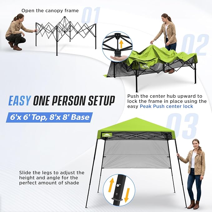 EAGLE PEAK 8x8 Pop Up Canopy Tent with Sidewall, Compact, Portable Slant Leg Instant Sun Shelter for Beach, Sports, & Camping, 8x8 Base 6x6 Top, Green