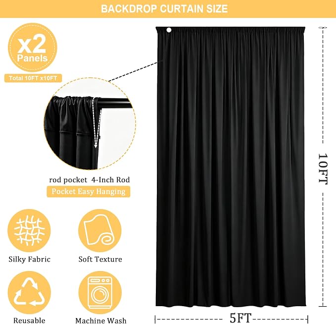 Gallety 10FT x 10F Black Backdrop Curtain for Parties, Polyester Wedding Backdrop Drapes with Rod Pockets,Photo Background Curtain for Banquets,Photography, Home Party,Black Birthday Decorations
