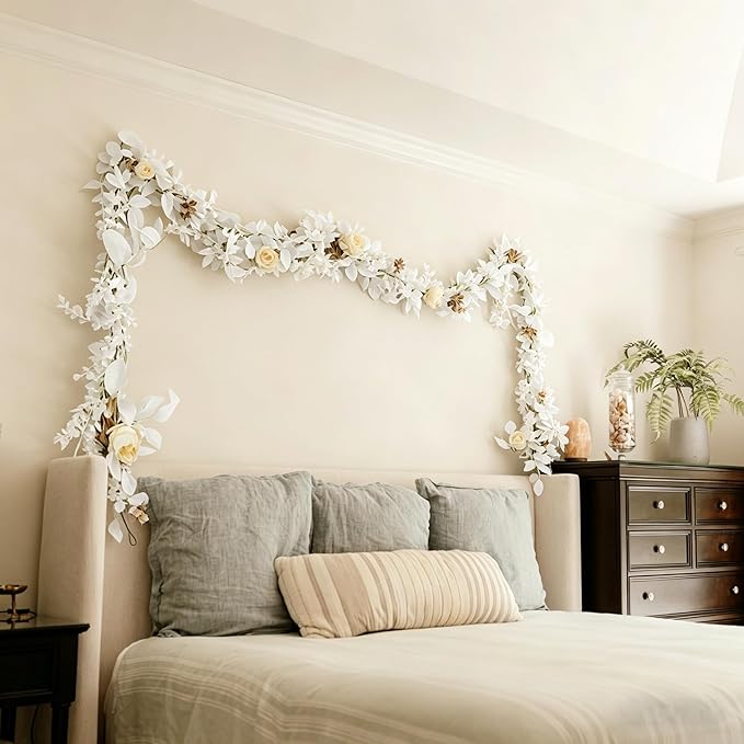 CQURE 2Pack Eucalyptus Garland,Artificial Eucalyptus Leaves Flowers Table Greenery Garland Wreath Vines for Wedding Party Fireplace Bedroom Room Decor