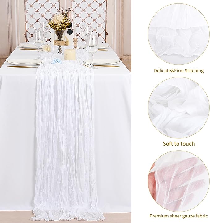 10 Pack White Table Runner 10Ft Cheesecloth Table Runner Boho Gauze Table Runners Romantic Long Sheer Fabric Cheese Cloth Table Runners for Wedding Party Bridal Shower(White)