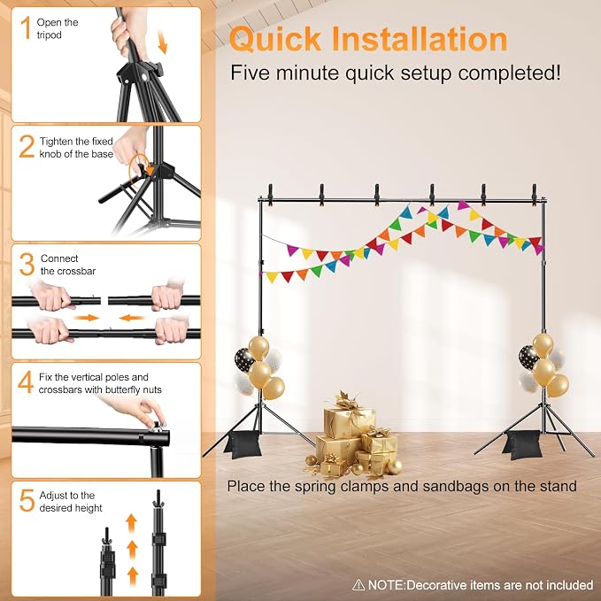 Backdrop Stand, Photo Video Studio 10 x 10FT Adjustable Backdrop Stand, Background Support System Kit with 2 Crossbars, 6 Clamps, 2 Sandbags and Carry Bag for Photography Parties Wedding