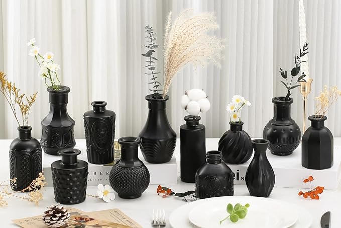 Mini Bud Vases As Wedding Centerpieces for Tables,Clear Bud Vases for Flowers,Small Flower Vases Suitable for Birthday Party,Anniversary,Wedding Reception,Baby Shower (Matt Black, 24PCS)